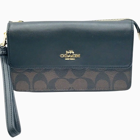 New Coach Signature Foldover Dark Brown/Black Canvas Leather Wristlet F78229 - Picture 2 of 13
